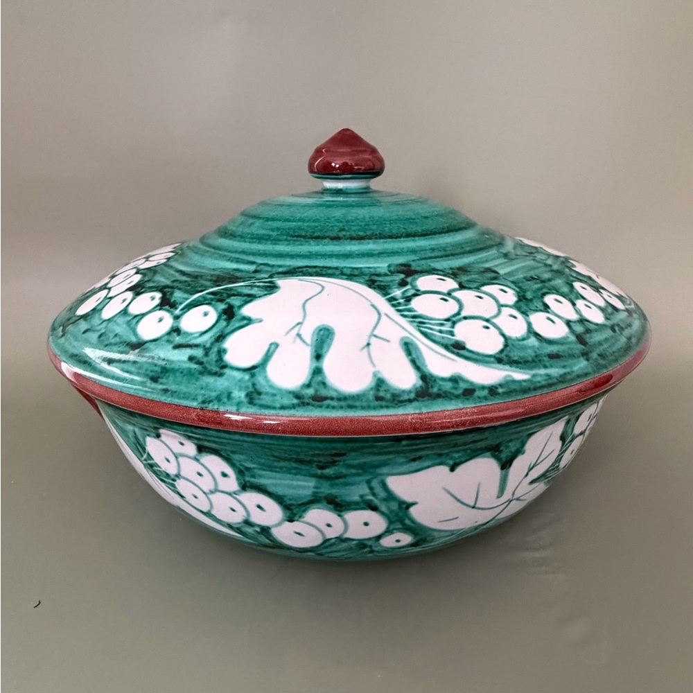 Hand-Painted Made in Italy Green and White Ceramic Lidded Bowl